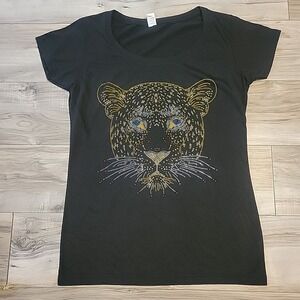 Tultex Womens Graphic Shirt Large Black Rhinestones‎ Leopard Short Sleeve NEW